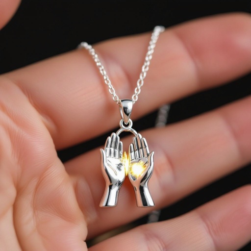 Украшение на шею серебряная цепочка с подвеской в виде двух ладоней сложенных в молитве и от них исходит свет в стороны