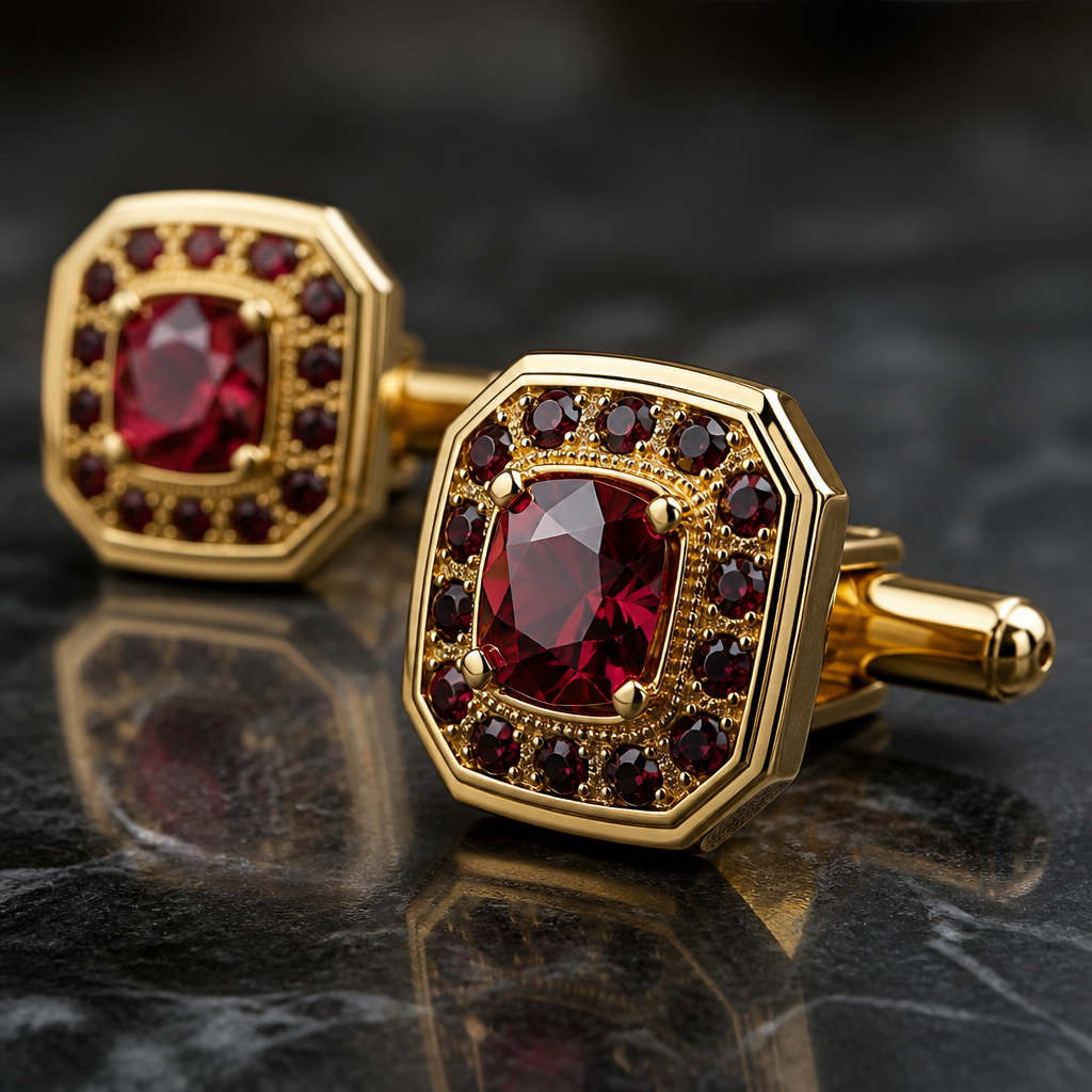 A gold men's cufflinks with ruby and garnet stones suitable for anniversary
photorealistic jewelry design, A gold men's cufflinks with ruby and garnet stones suitable for anniversary, gold style, just the design no text