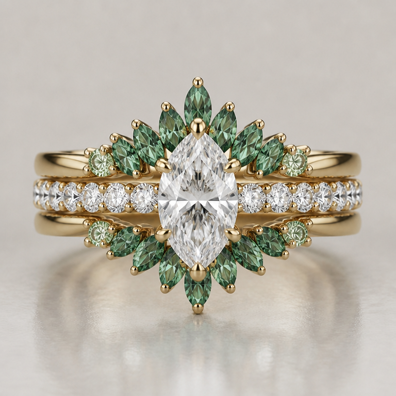 can you make the emerald green diamonds more of the shake of marquise but curve it around the middle marquise diamond
edit the attached jewelry design with these instructions: can you make the emerald green diamonds more of the shake of marquise but curve it around the middle marquise diamond. keep it photorealistic, just the design no text