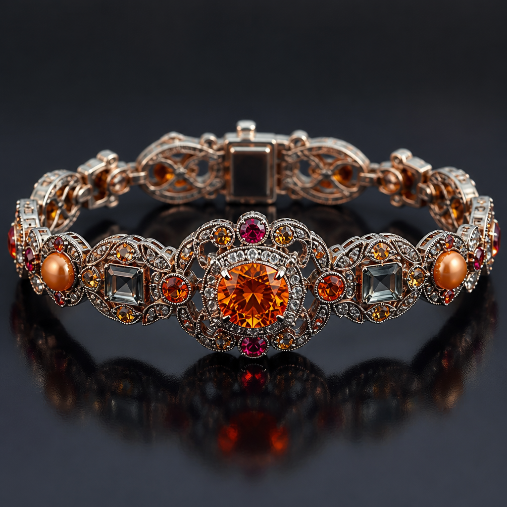 A women's bracelet with orange diamond and orange ruby and grey emerald and orange pearl and orange garnet and orange sapphire stones suitable for party