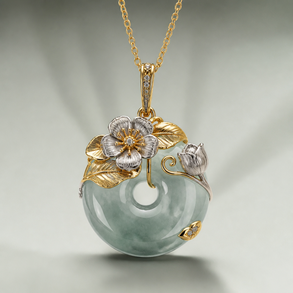 A fresh floral-themed pendant design, featuring an ice-species jadeite Ping'an Kou (safety donut), accented with 18k yellow gold and white gold details, fine jewelry design, professional rendering, cinematic lighting, high-end gemstone texture, clean background.
photorealistic jewelry design, A fresh floral-themed pendant design, featuring an ice-species jadeite Ping'an Kou (safety donut), accented with 18k yellow gold and white gold details, fine jewelry design, professional rendering, cinematic lighting, high-end gemstone texture, clean background., modern style, just the design no text
