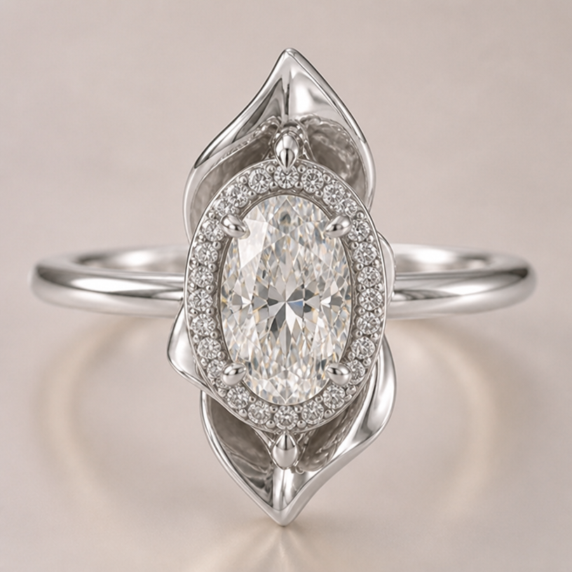 Make it white gold and change it to an oval centre stone with halo
edit the attached jewelry design with these instructions: Make it white gold and change it to an oval centre stone with halo. keep it photorealistic, just the design no text
