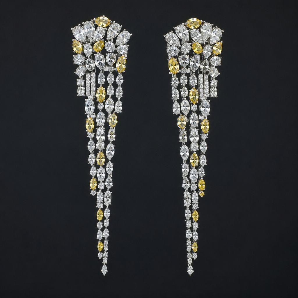 A women's ring. create a matching long earrings for this Necklace , the earring should have Yellow Coloured stones placed at random . The top part should be Wide as it goes down give a tapering effect .
photorealistic jewelry design, A women's ring. create a matching long earrings for this Necklace , the earring should have Yellow Coloured stones placed at random . The top part should be Wide as it goes down give a tapering effect ., modern style, just the design no text
