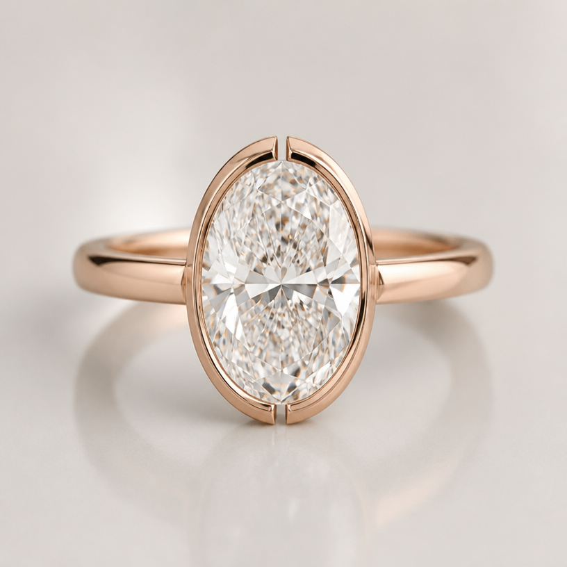 A women's ring. 4mm rose gold band
10 ct oval 1.45 ratio, 16x11mm
split bezel on north south of the bezel
using the attached image as a visual reference, create A women's ring. 4mm rose gold band
10 ct oval 1.45 ratio, 16x11mm
split bezel on north south of the bezel. photorealistic, just the design no text