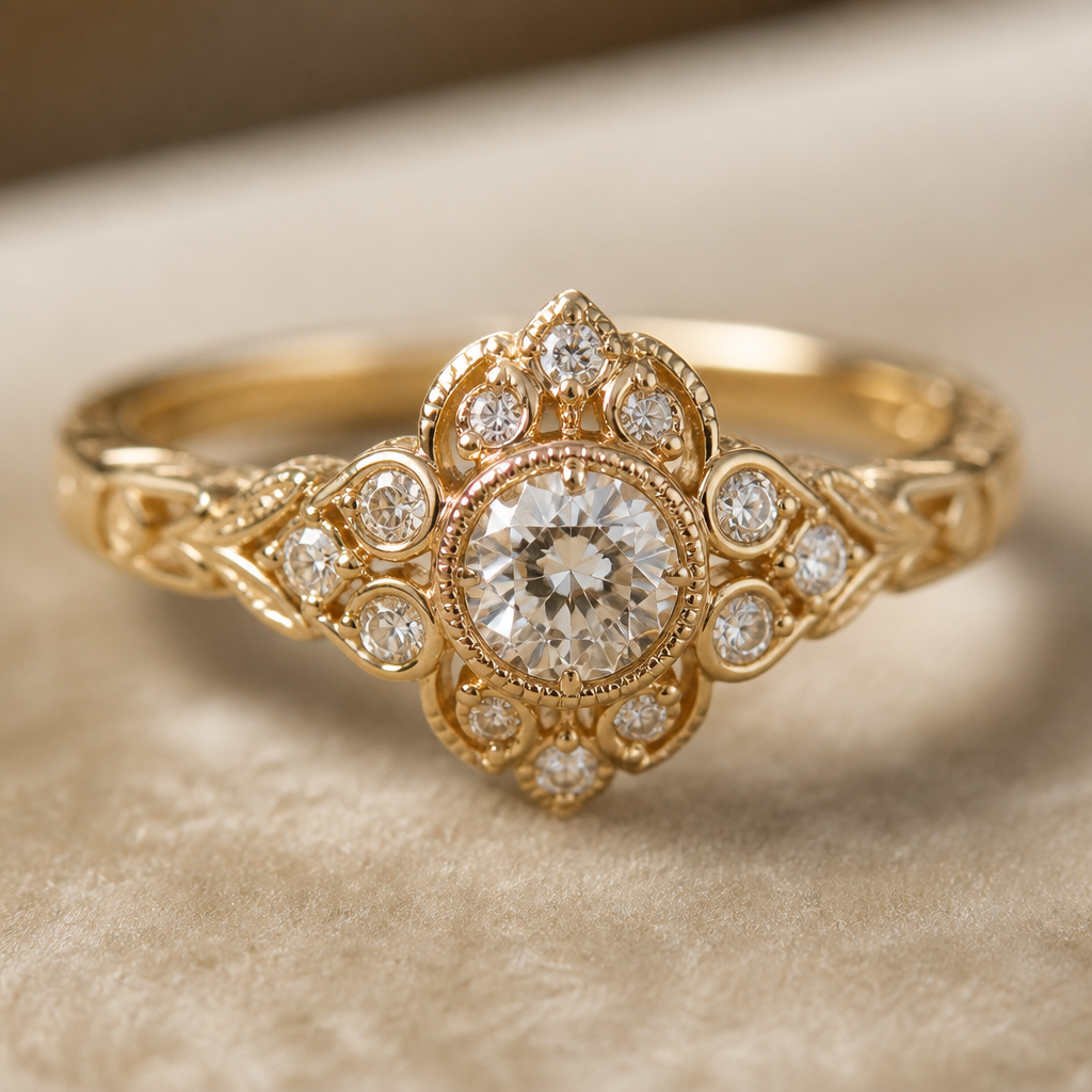 A vintage women's ring made of gold with diamond stones
photorealistic jewelry design, A vintage women's ring made of gold with diamond stones, vintage style, just the design no text