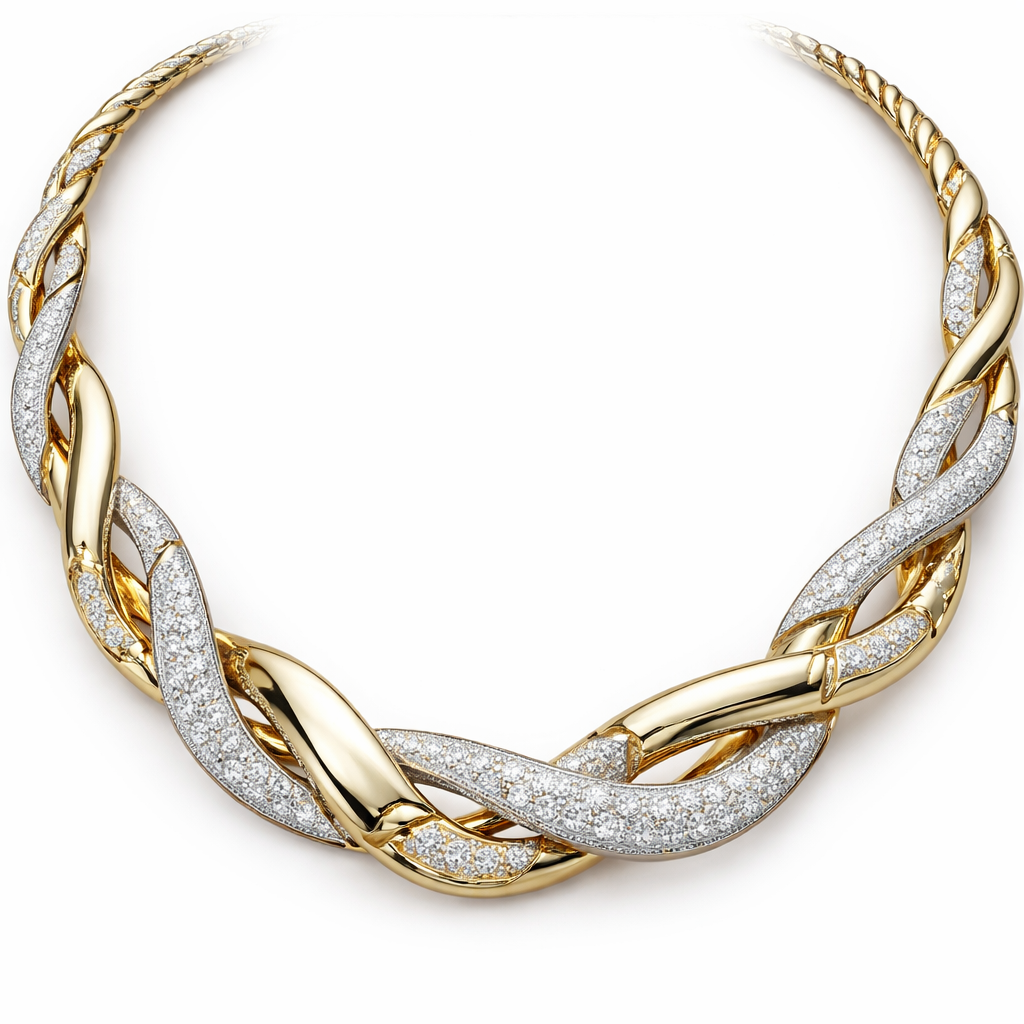 A double twist necklace which has articulations between the links with diamond and gold