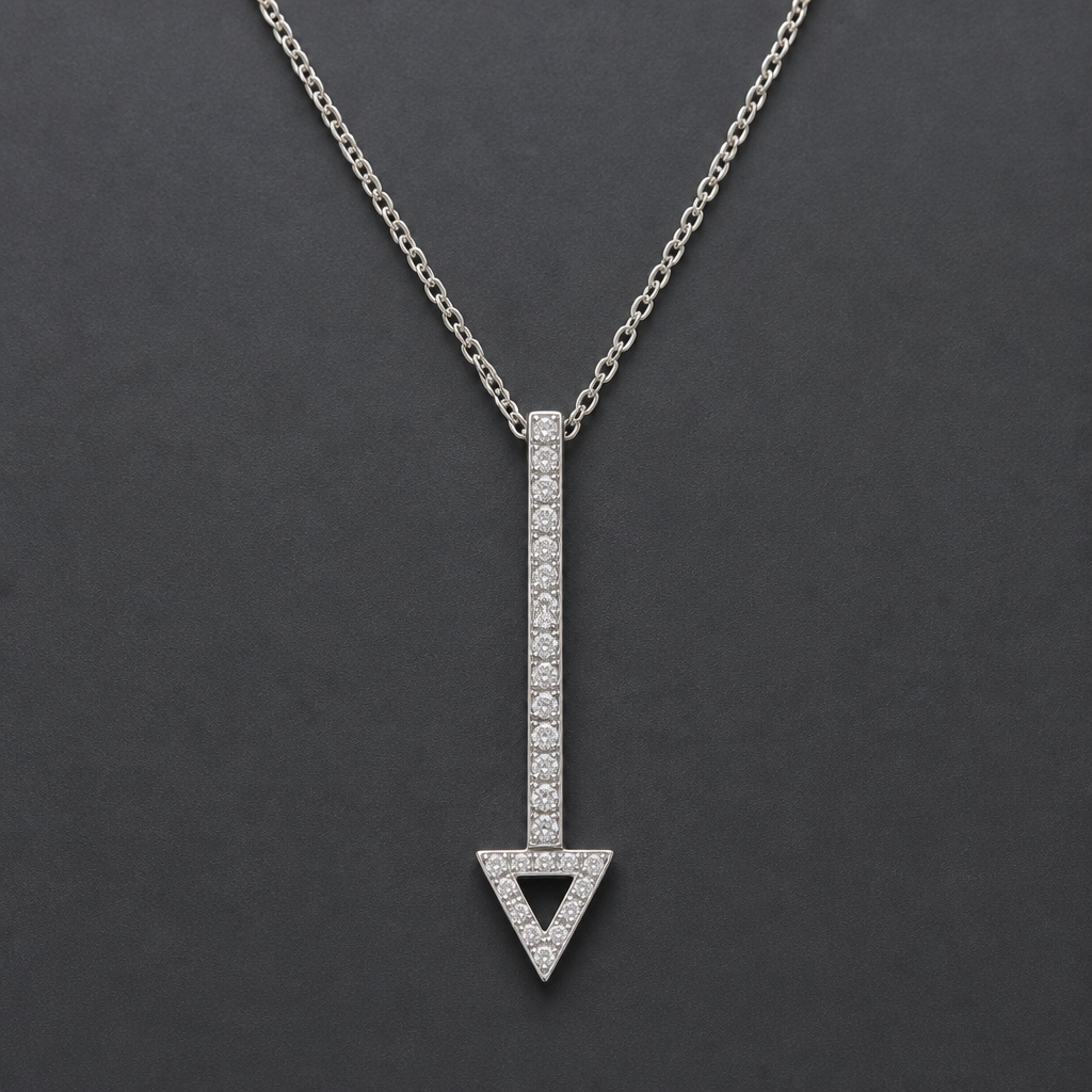 A women's necklace made of silver. Flèche moderne, rectangle pas trop long avec triangle vide en line fine remplit de diamand, qui pointe vers le bas
photorealistic jewelry design, A women's necklace made of silver. Flèche moderne, rectangle pas trop long avec triangle vide en line fine remplit de diamand, qui pointe vers le bas, modern style, just the design no text