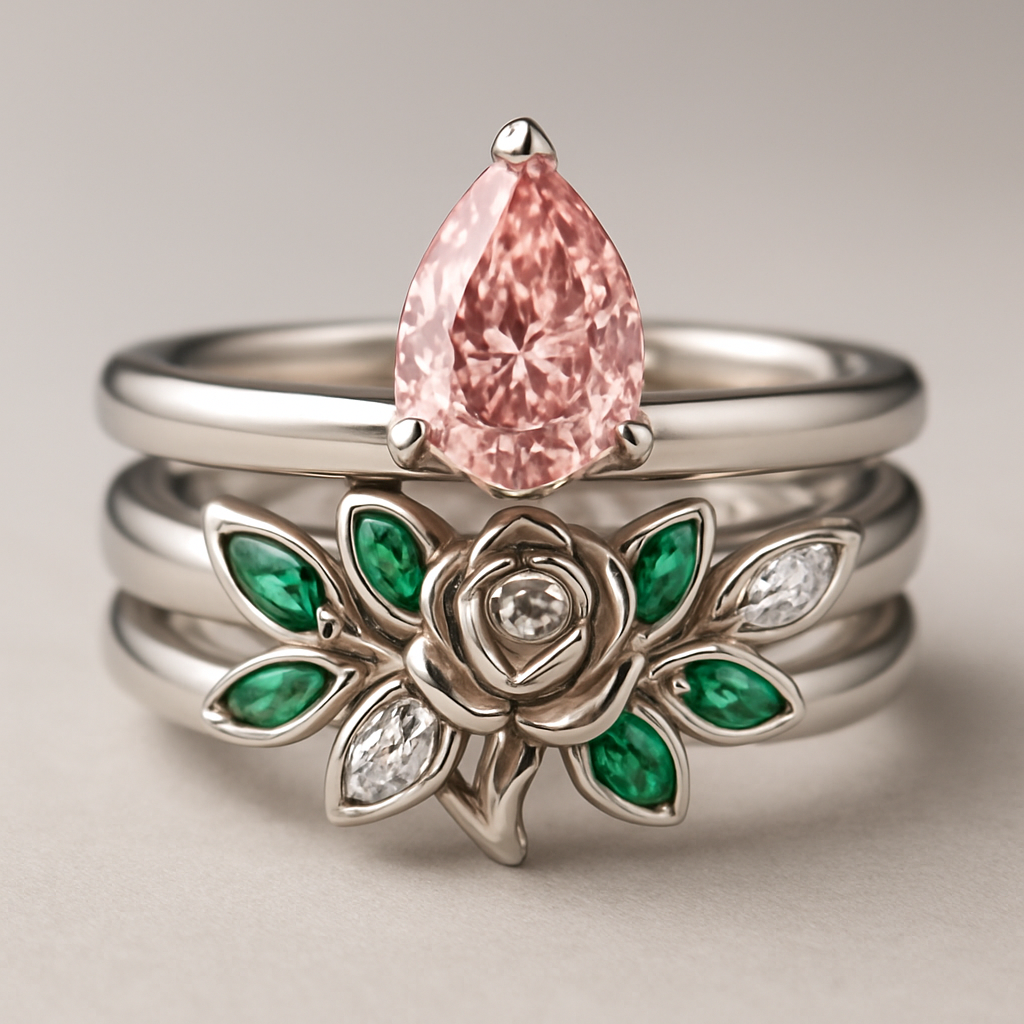 Two 18k white gold bands: first one a 1.5-2 carat pear cut pink diamond. Second ring as the bottom of the stack, will have about 9 stones mix of emerald and diamond to represent leaves surround a rose bud.