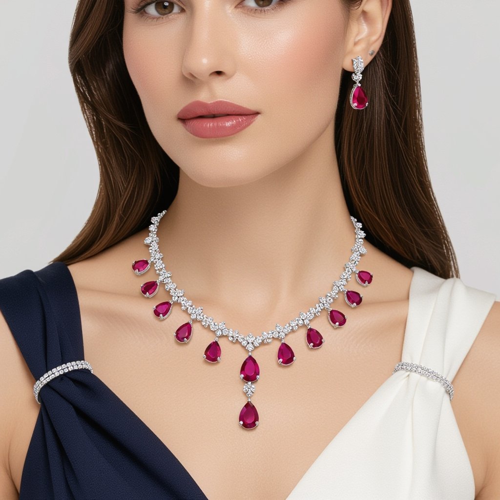 Ruby luxury necklace long pear drop style and luxury earring set Platinum necklace, ruby pear drops, diamond accents, prong setting. Matching platinum earrings, ruby pear drops, diamond accents, prong setting.