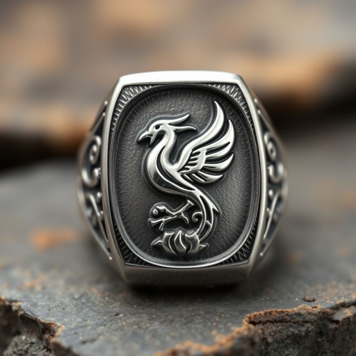 A silver segnit ring with a phoenix symbol printed on it for men