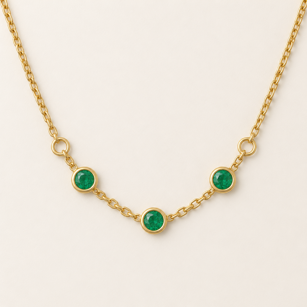 Chain with two jump rings and 3 bezel set emeralds
photorealistic jewelry design, Chain with two jump rings and 3 bezel set emeralds
, minimalist style, just the design no text
