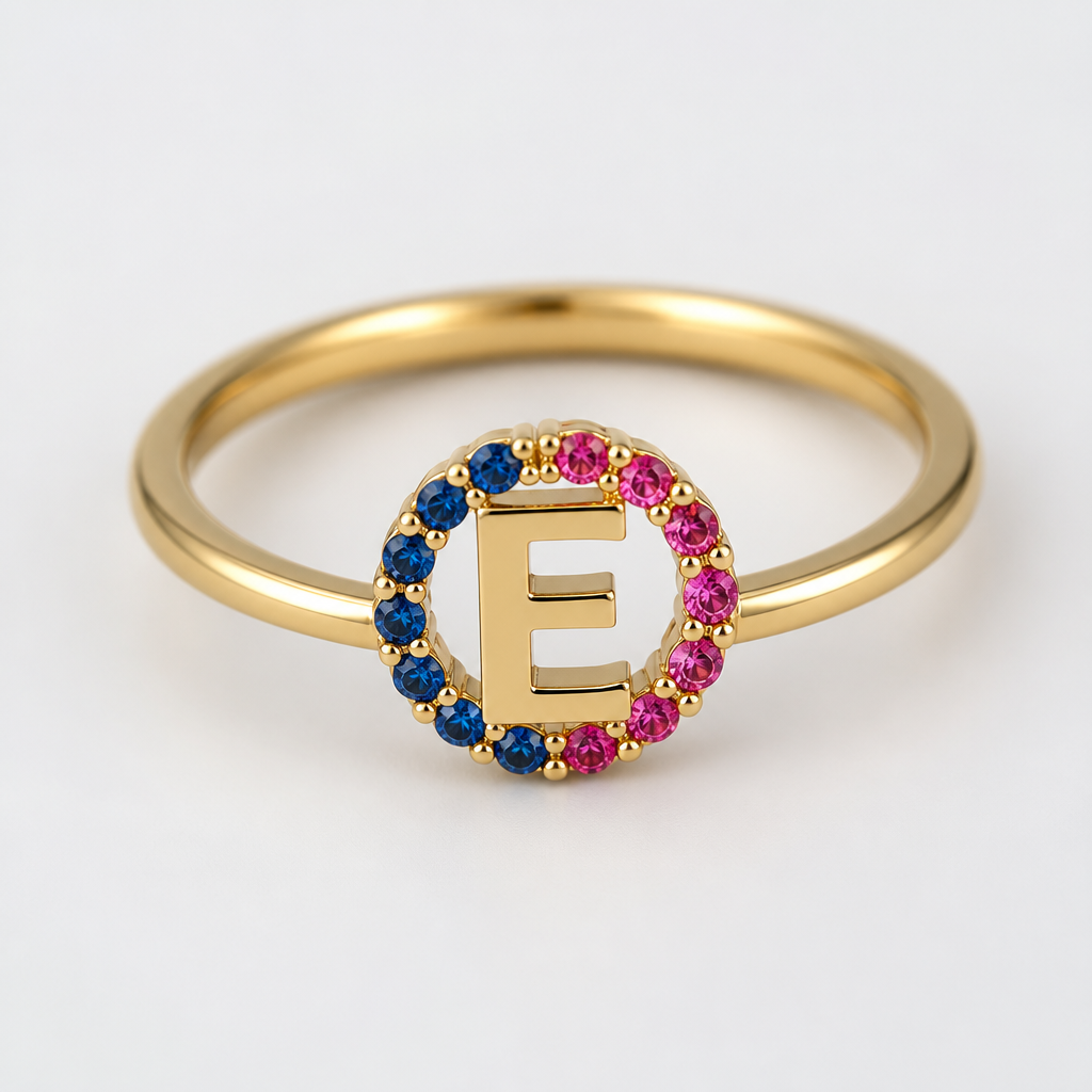 A modern women's ring made of gold, ultra-minimalist, very simple and clean, understated, no embellishments. um anel de 15 anos com inicial E com pedrinhas azul e pedrinhas rosa em volta
photorealistic jewelry design, A modern women's ring made of gold, ultra-minimalist, very simple and clean, understated, no embellishments. um anel de 15 anos com inicial E com pedrinhas azul e pedrinhas rosa em volta, modern style, just the design no text