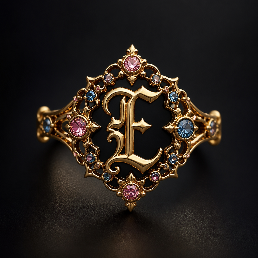 A gothic women's ring made of gold. um anel de 15 anos com inicial E com pedrinhas azul e pedrinhas rosa em volta
photorealistic jewelry design, A gothic women's ring made of gold. um anel de 15 anos com inicial E com pedrinhas azul e pedrinhas rosa em volta, gothic style, just the design no text