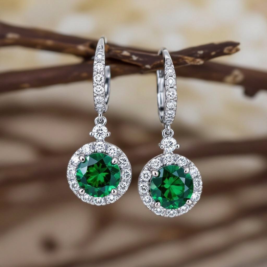 Green sapphire dangle earrings with diamond 