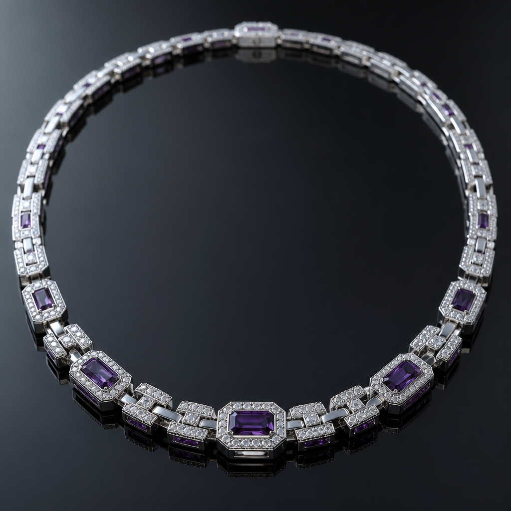 A luxury men's necklace made of white gold with diamond and amethyst stones suitable for formal. kpop
photorealistic jewelry design, A luxury men's necklace made of white gold with diamond and amethyst stones suitable for formal. kpop, luxury style, just the design no text