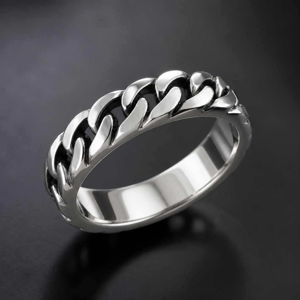 A men's ring made of silver. cadena de plata
photorealistic jewelry design, A men's ring made of silver. cadena de plata, modern style, just the design no text