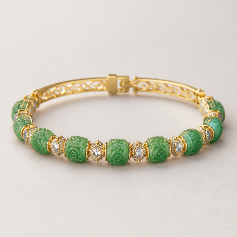 A minimalist women's bracelet with diamond stones, detailed and decorative, moderately ornate. Create a 6-inch bangle using the 12 beads shown in the attached picture. Each= bead is 9.7 millimeters long.
using the attached image as a visual reference, create A minimalist women's bracelet with diamond stones, detailed and decorative, moderately ornate. Create a 6-inch bangle using the 12 beads shown in the attached picture. Each= bead is 9.7 millimeters long.. photorealistic, just the design no text