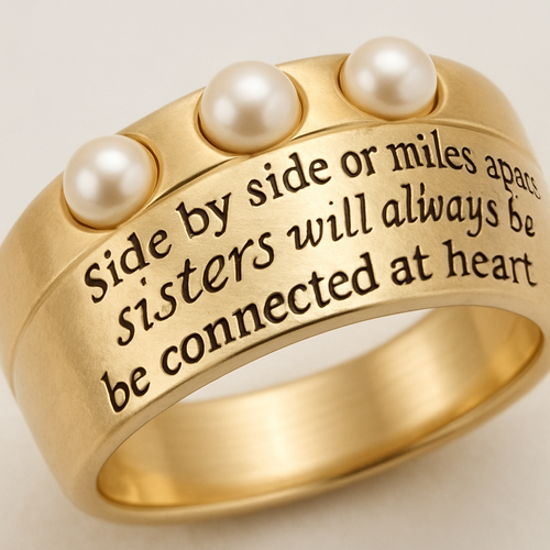 Ring with the qoute ( side by side or mile apart sisters will always be connected at heart ) with some pearls , rounded edges , 