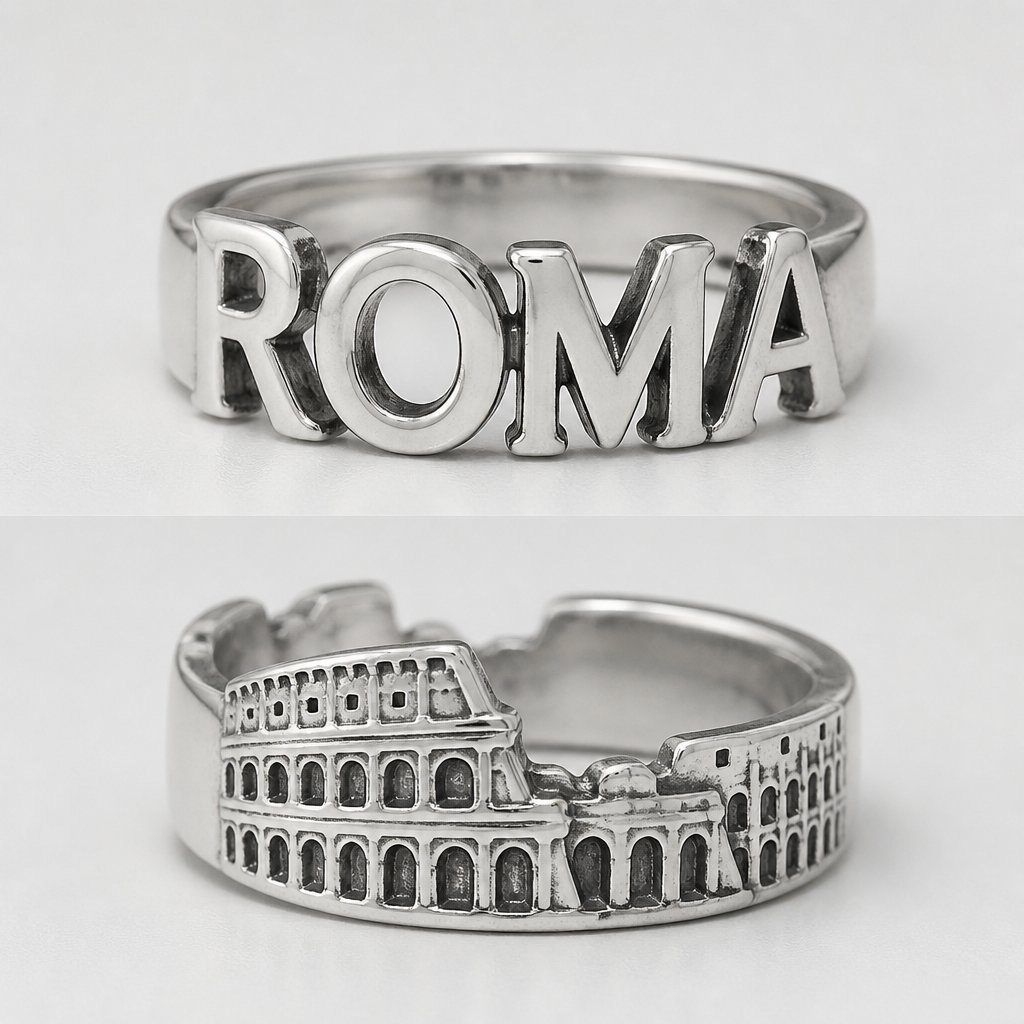 Anello in argento COMPOSTO DALLE LETTERE ROMA da un lato e il COLOSSEO dall'altro
photorealistic jewelry design, Anello in argento COMPOSTO DALLE LETTERE ROMA da un lato e il COLOSSEO dall'altro, just the design no text