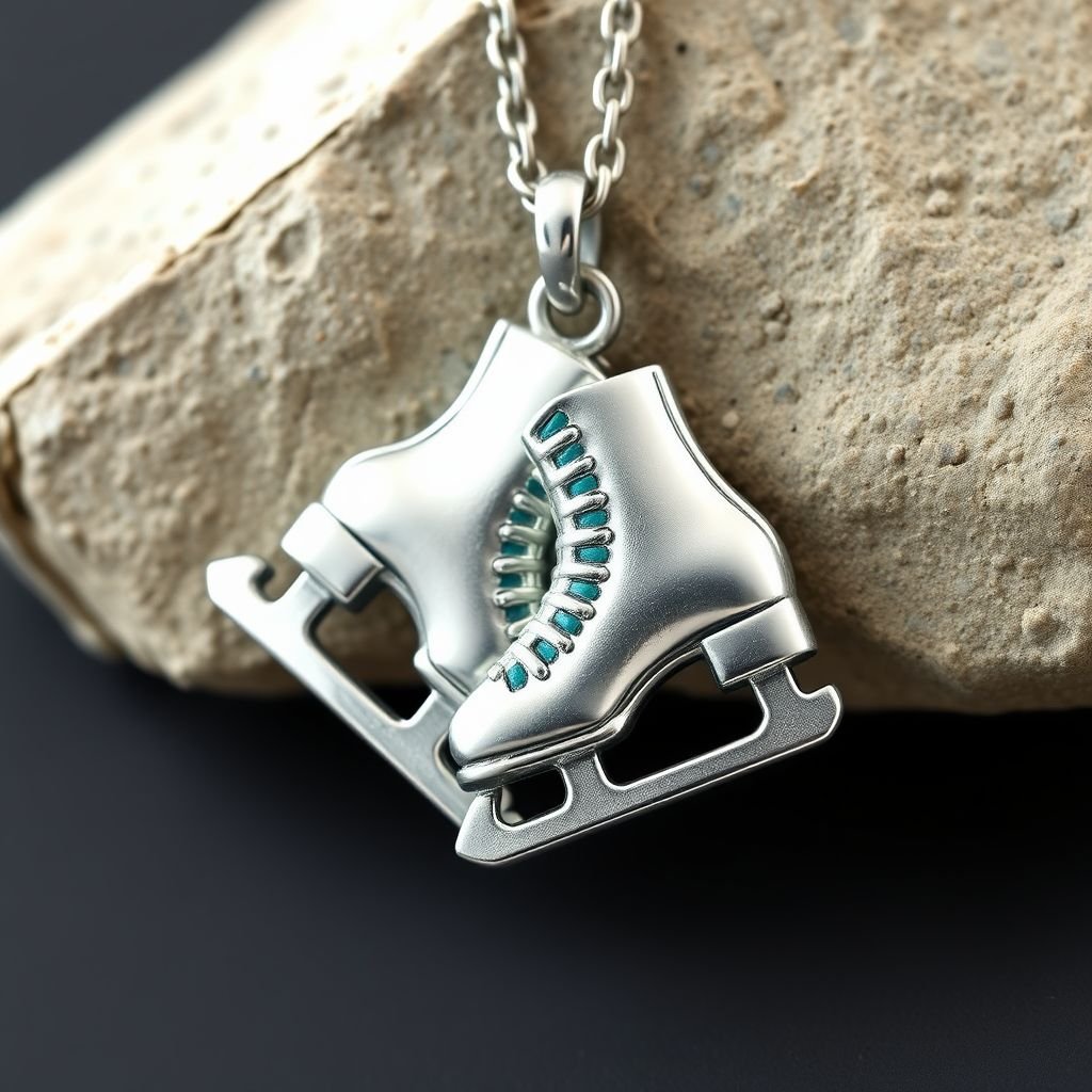 Pendant silver with stylized ice figure skating skates. Remove boots and leave only lowest part of skates. Add turquoise