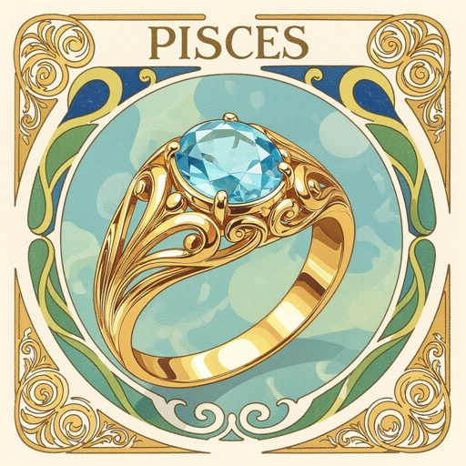 Aquamarine ring with pisces motif for man.