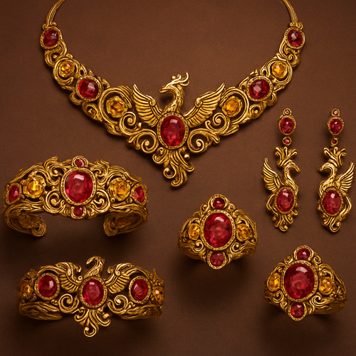 A full Ruby jewelry set including bracelet, earrings and rings with at least 10 citrine and topaz inlays with phoenix themes and an omega necklace