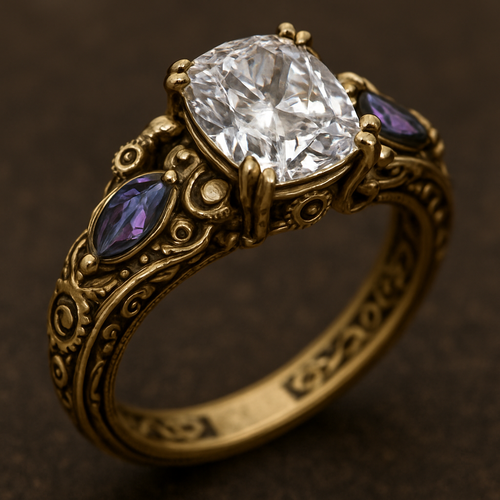 2 carat elongated cushion cut diamond engagement ring with double claw prongs in yellow gold ring with marquise shaped alexandrite side stones 