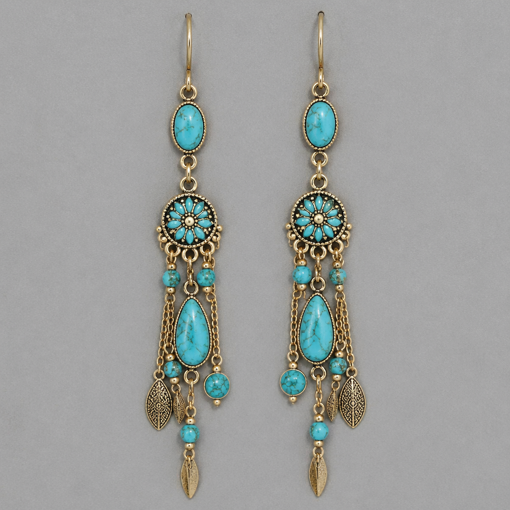 Long dangling earrings turquoise
photorealistic jewelry design, Long dangling earrings turquoise , bohemian style, just the design no text