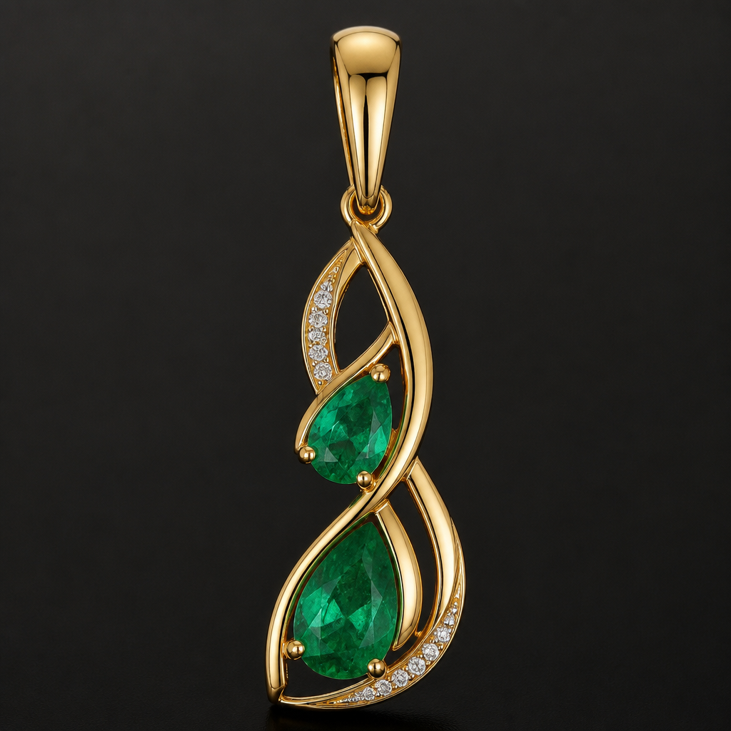 A modern women's pendant made of gold with emerald stones
photorealistic jewelry design, A modern women's pendant made of gold with emerald stones, modern style, just the design no text