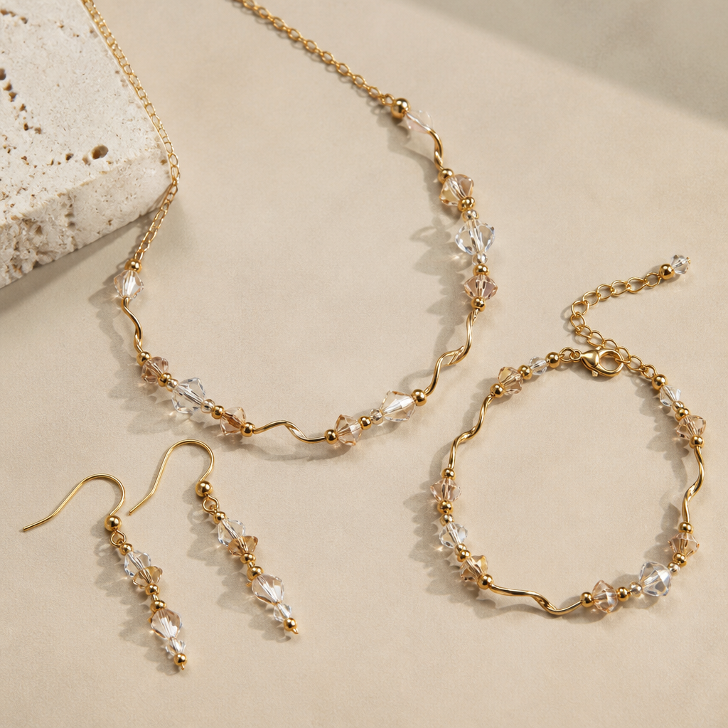 A women's earrings made of gold suitable for daily wear. made from wire, seed beads and crystal beads an elegant set of earrings with matching bracelet and necklace
photorealistic jewelry design, A women's earrings made of gold suitable for daily wear. made from wire, seed beads and crystal beads an elegant set of earrings with matching bracelet and necklace, modern style, just the design no text