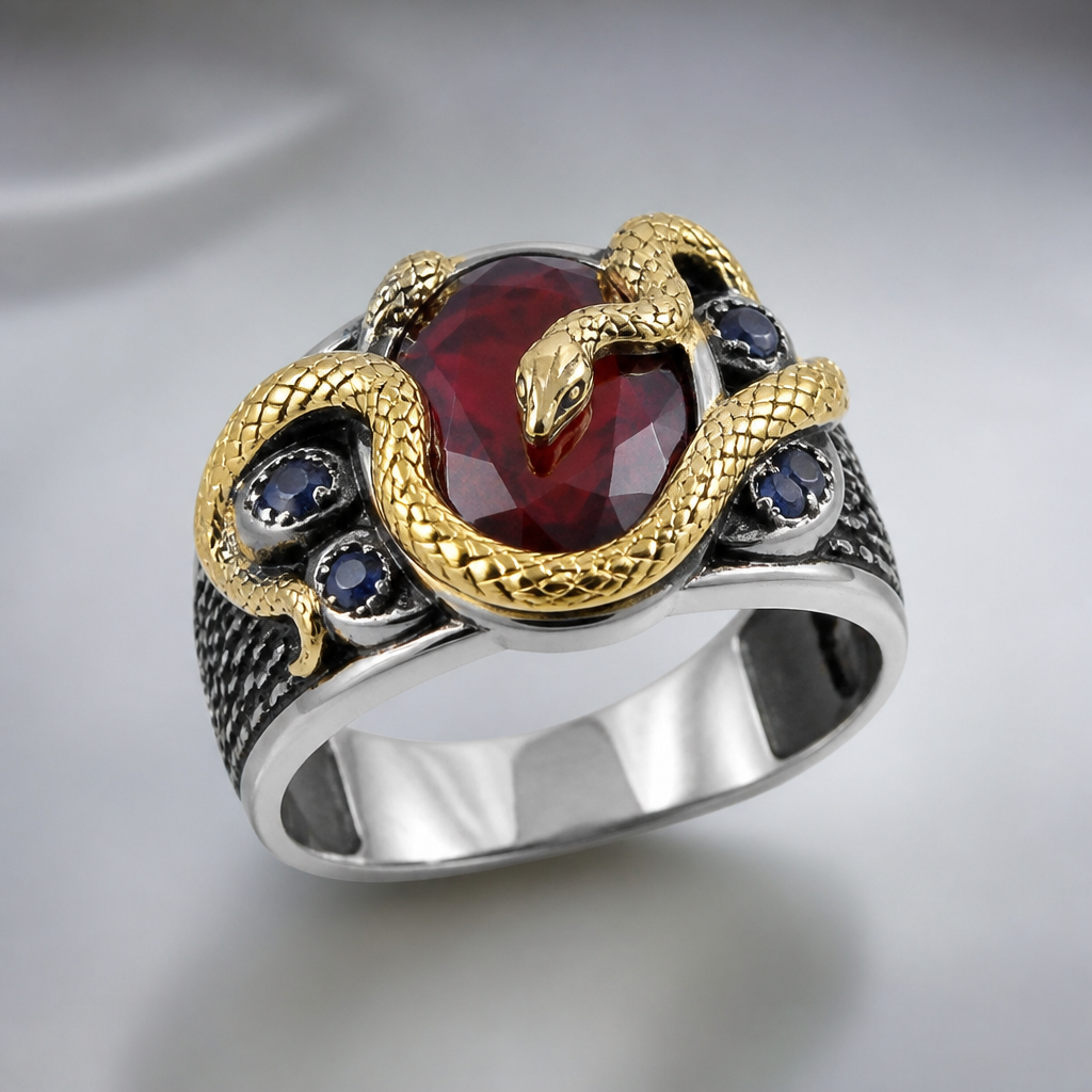 A charm men's ring with sapphire stones suitable for daily wear. A amarindian red gemstone zilver ring with a golden snake
photorealistic jewelry design, A charm men's ring with sapphire stones suitable for daily wear. A amarindian red gemstone zilver ring with a golden snake, charm style, just the design no text
