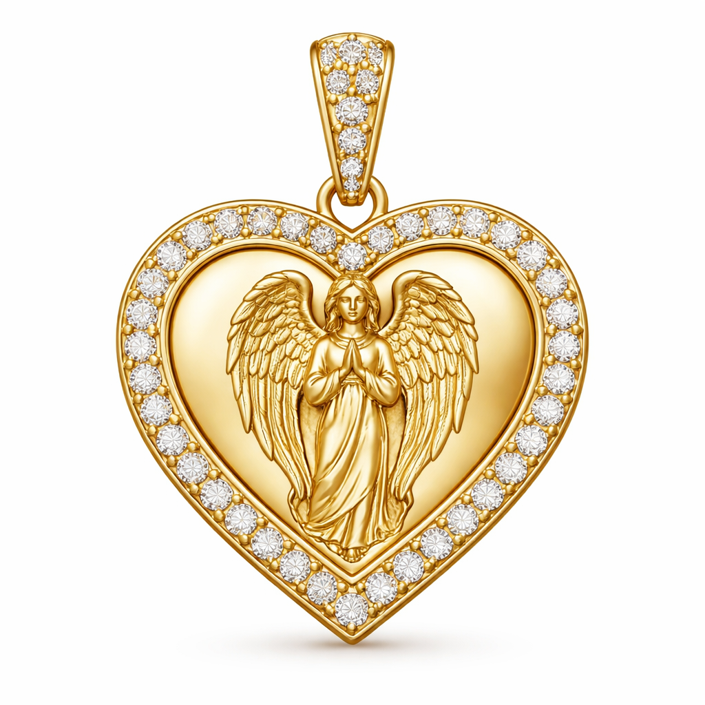 Gold heart pendant with guardian angel on surface and Pavé diamond border around heart, gold bale
Gold heart pendant with guardian angel on surface and Pavé diamond border around heart, gold bale, bespoke style