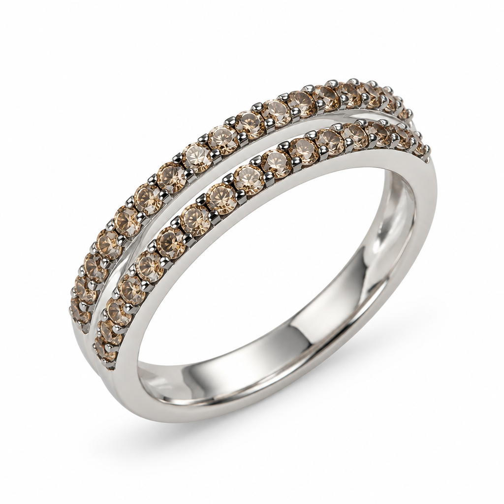 A women's ring. matching double band ring with champagne brown stones, same design as hoop earrings, two rows of small round champagne diamonds, silver polished band, photorealistic, luxury jewelry, white background
photorealistic jewelry design, A women's ring. matching double band ring with champagne brown stones, same design as hoop earrings, two rows of small round champagne diamonds, silver polished band, photorealistic, luxury jewelry, white background, modern style, just the design no text