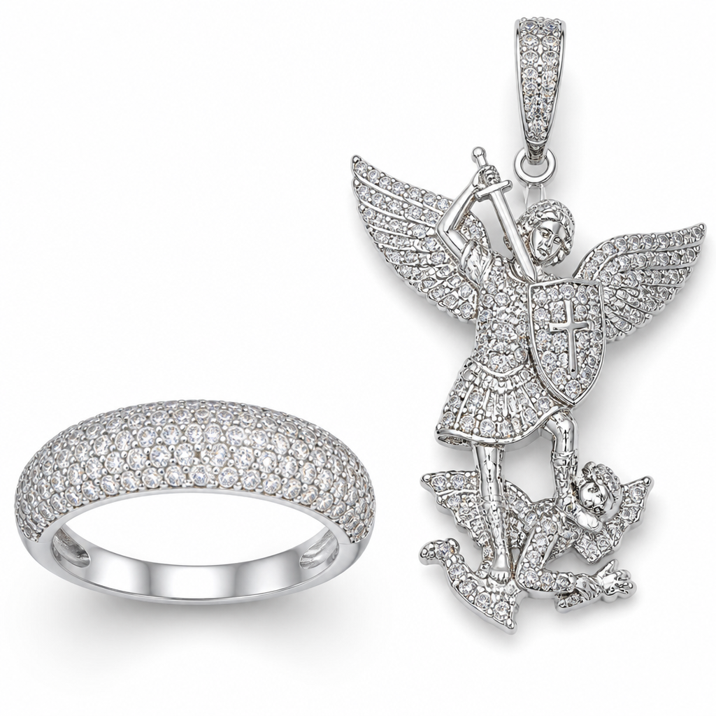 A pavé women's ring made of silver. un dije de san Miguel arcangel con diamantes en plata
photorealistic jewelry design, A pavé women's ring made of silver. un dije de san Miguel arcangel con diamantes en plata, pave style, just the design no text