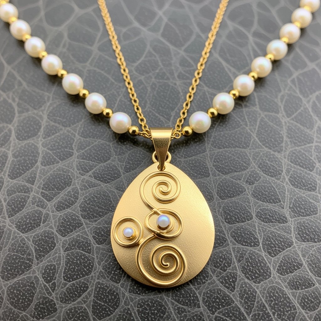 Кулон на длинной цепочке. Матовое светлое золото. В цепочке небольшие золотые шарики и жемчуг. Кулон в форме трех глаз, два горизонтально и один между ними сверху вертикально узоры завитушки 