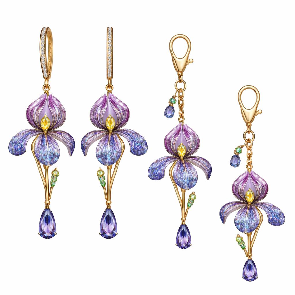 Create simple pendant earrings and bag charms with iris design with gemstones