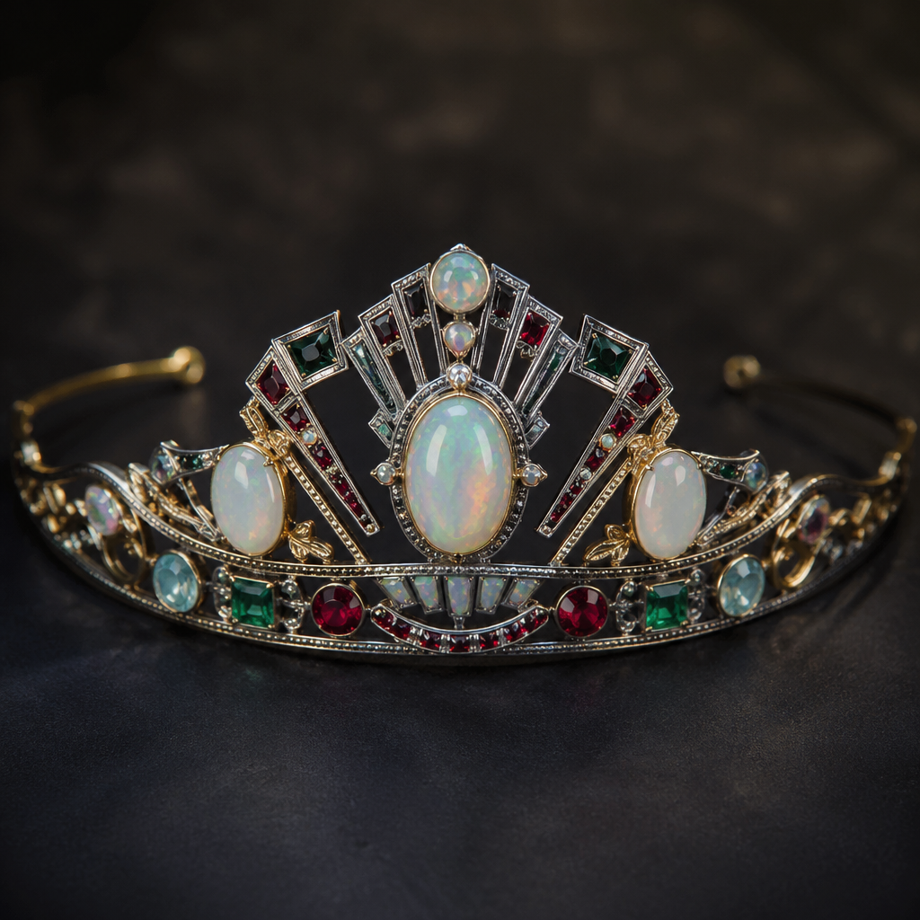 A art deco women's tiara made of mixed metal with opal and ruby and emerald and garnet and aquamarine stones suitable for daily wear. art deco style hair accessories for dreadlocks using mixed metals and different variations of faceted cut opals, rubies, emeralds and garnet all with an aurora borelis sheen to them, insanely sparkly
photorealistic jewelry design, A art deco women's tiara made of mixed metal with opal and ruby and emerald and garnet and aquamarine stones suitable for daily wear. art deco style hair accessories for dreadlocks using mixed metals and different variations of faceted cut opals, rubies, emeralds and garnet all with an aurora borelis sheen to them, insanely sparkly, art_deco style, just the design no text