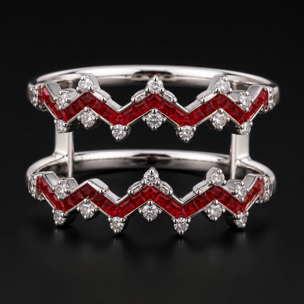2 band ring with red diamond zigzags shape add white diamonds around
photorealistic jewelry design, 2 band ring with red diamond zigzags shape add white diamonds around , just the design no text
