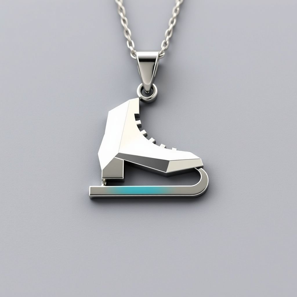 Silver Pendant shape one ice skate with turquoise stripe inside the low thin part blade