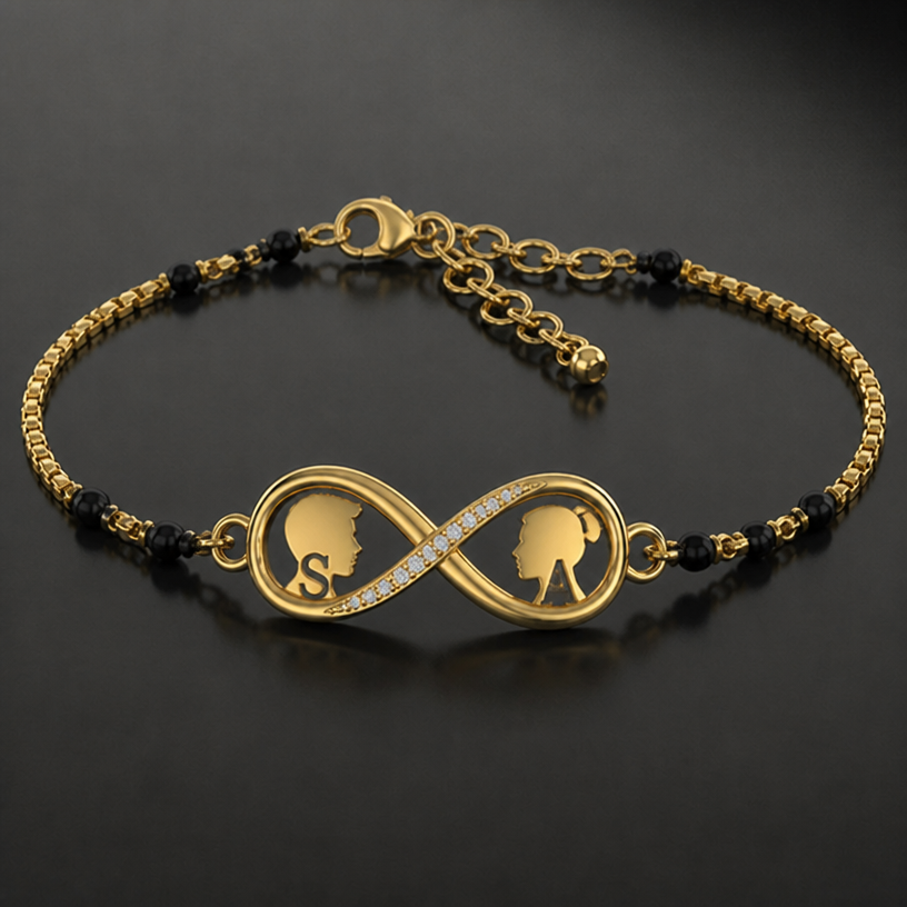 Guy n girl initials as in placeholder for alphabet e.g S , A. Add more black beads
edit the attached jewelry design with these instructions: Guy n girl initials as in placeholder for alphabet e.g S , A. Add more black beads. keep it photorealistic, just the design no text