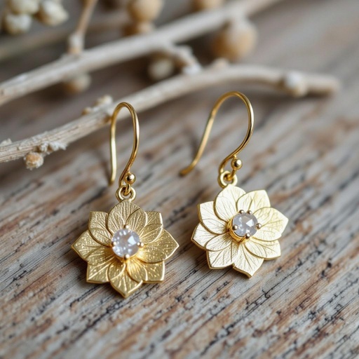 Серьги золото изящный маленький плоский лотос с необработанным маленьким хрусталем в центре