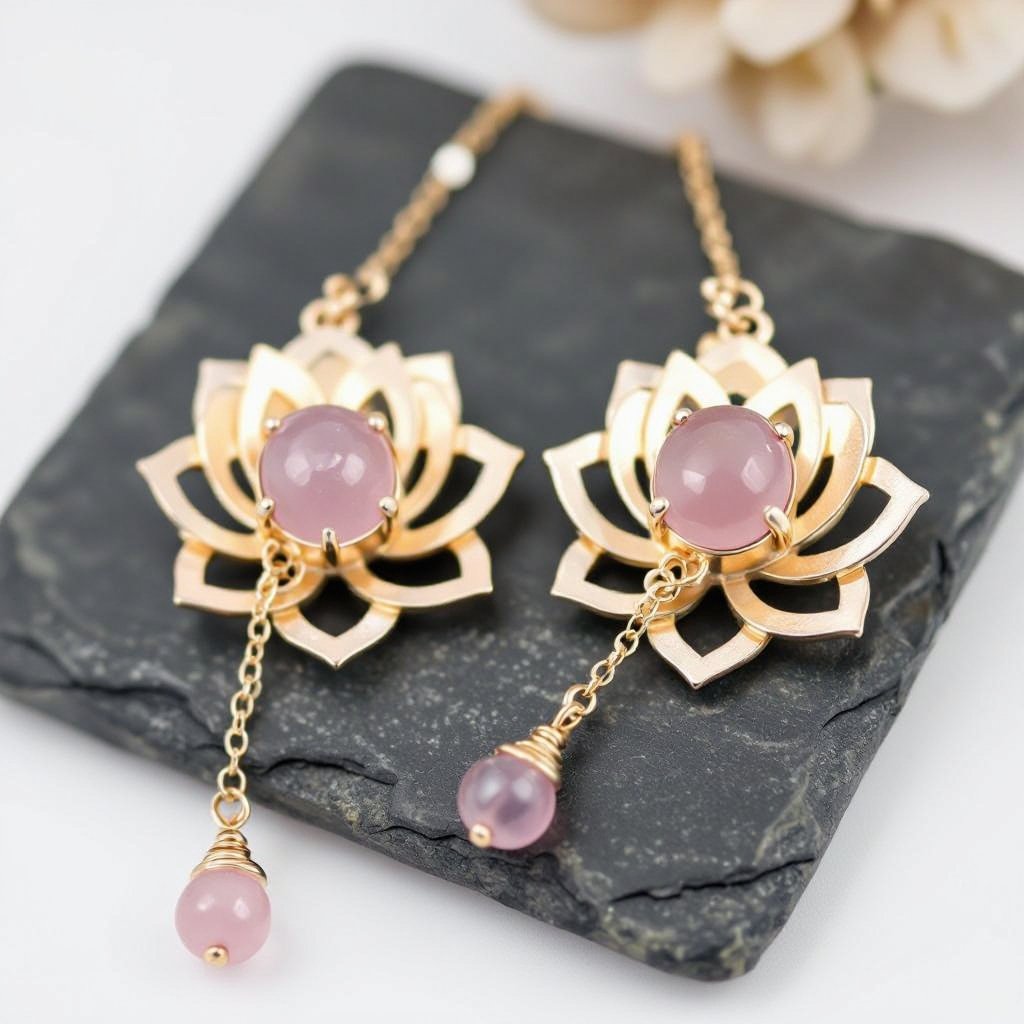 Светлое матовое золото. Серьги с лотосом на длинных цепочках. По центру лотоса камень необрабаботанного розового кварца, от лотоса идет цепочка с еще одним камнем кварца на конце. Серьги тонкие и легкие