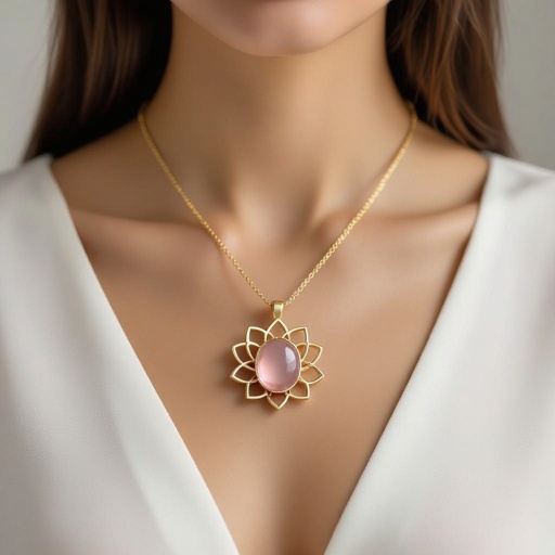 Золотая матовая цепочка. Подвеска матовая лотос шесть лепестков нижние лепестки крупнее верхних  не круглый . В сердце лотоса матовый розовый кварц овальный