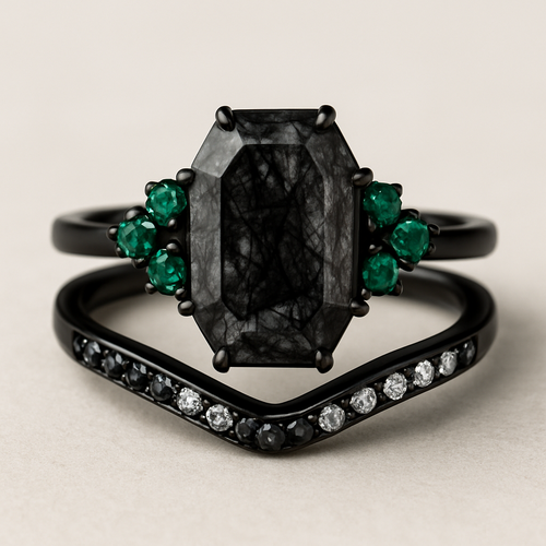 Black band, medium long hexagon cut rutilated black quartz, emerald accent stones 3 on each side in a cluster, add a wedding band that curves with black and white stones