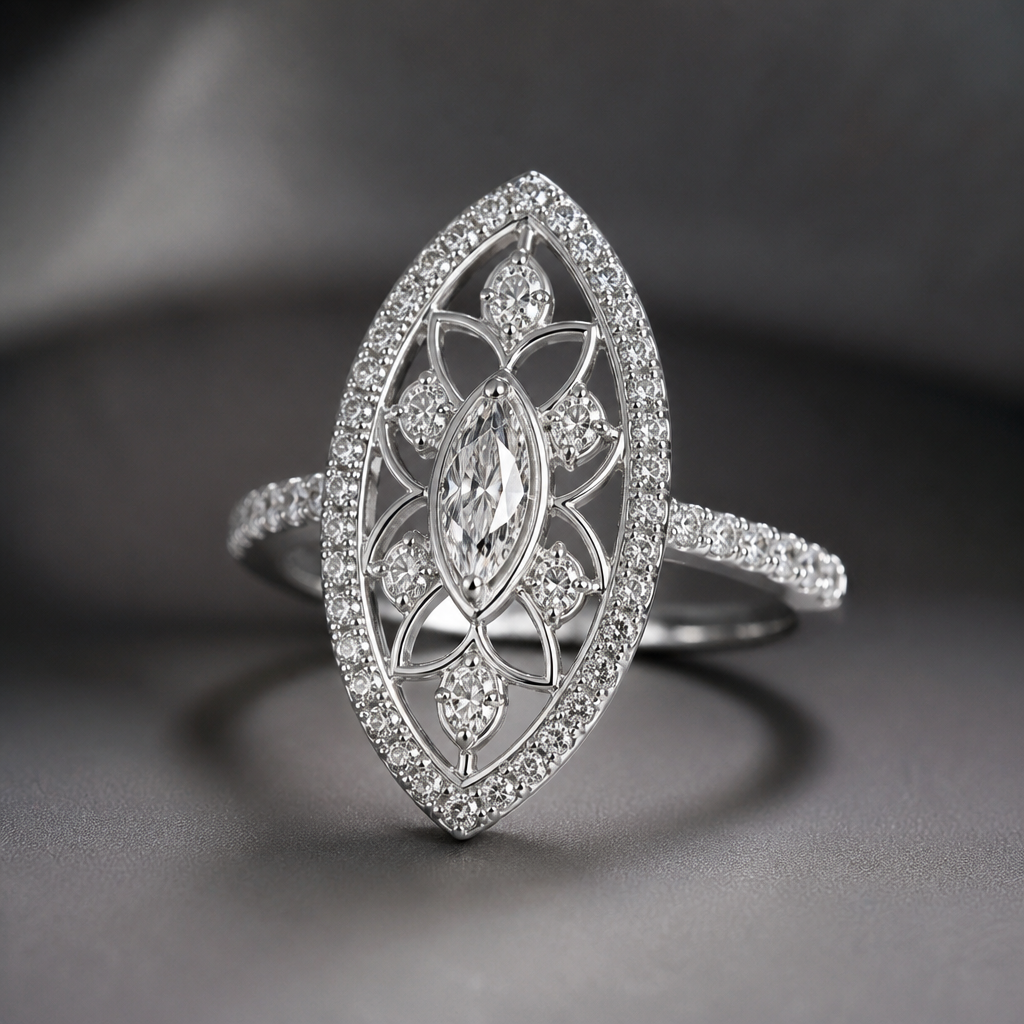 A women's ring made of silver with diamond stones. bague style mandala feminin delicat et metal avec de fine ligne, de forme oval exterieur pierre marquise au centre
photorealistic jewelry design, A women's ring made of silver with diamond stones. bague style mandala feminin delicat et metal avec de fine ligne, de forme oval exterieur pierre marquise au centre, modern style, just the design no text
