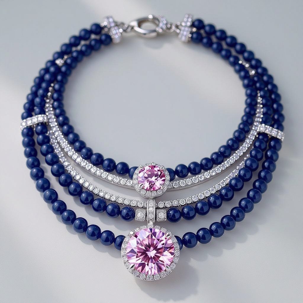 Make a three layered Sapphire with round beads and a large pink diamond round cut hanging from it high jewellery necklace
