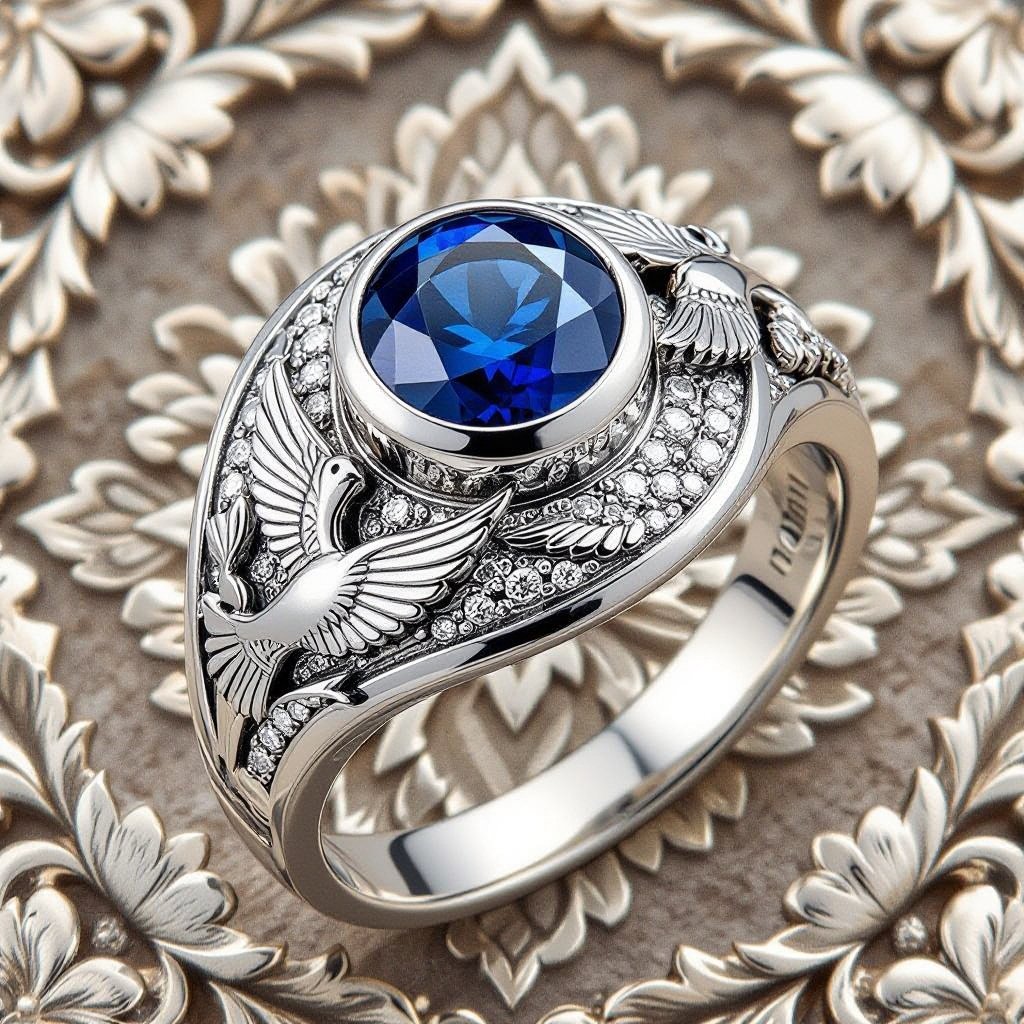 Base & Material: • Platinum band with a matte / brushed finish. • Subtle antique texture, to look hand-crafted and premium. • Band slightly wider and heavier than the woman’s ring (masculine proportion). 	•	Center Stone & Moon Design: • Round deep blue sapphire (brilliant cut). • A crescent moon encircling the sapphire, hugging the stone (integrated into the band). • The moon should be bold but elegant, with smooth curves and polished contrast against the matte platinum. 	•	Side Motifs: • On each side of the band: a dove motif, but designed in a stylized / semi-abstract way → should not look like a literal bird, but more like flowing lines or a symbolic outline (inspired by Persian / Sassanid motifs). • Dove form should suggest movement or flight, subtle and sophisticated. 	•	Lotus Flower (Closed): • A closed lotus bud incorporated below or beside the dove motif. • Petals tight and clearly distinct from the open lotus of the woman’s ring. • Sculpted in high relief, symbolizing complementarity with the open lotus. 	•	Details & Finish: • Relief carvings and engravings should be crisp, with depth. • Matte/brushed platinum texture enhanced by polished highlights on the moon and sapphire setting. • Lighting: cinematic jewelry photography style with strong contrast to emphasize the sapphire’s glow and the moon’s curve. • Hyper-realistic render with shallow depth of field, focusing on sapphire, moon, and symbolic motifs.  Keywords: Luxury Persian men’s ring, platinum, sapphire, crescent moon, symbolic dove, closed lotus bud, high relief carving, antique matte finish, photorealistic, cinematic lighting, handcrafted. 