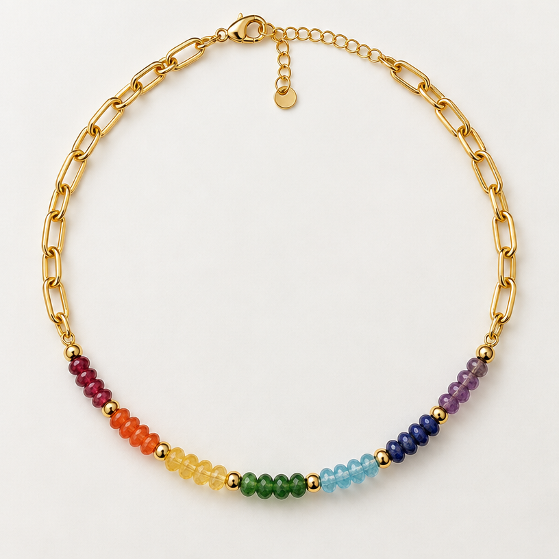 Make the front of the necklace the rainbow stones. The chain should then be on either side. So 1/4 chain 2/4 stone, 1/4 chain
edit the attached jewelry design with these instructions: Make the front of the necklace the rainbow stones. The chain should then be on either side. So 1/4 chain 2/4 stone, 1/4 chain. keep it photorealistic, just the design no text