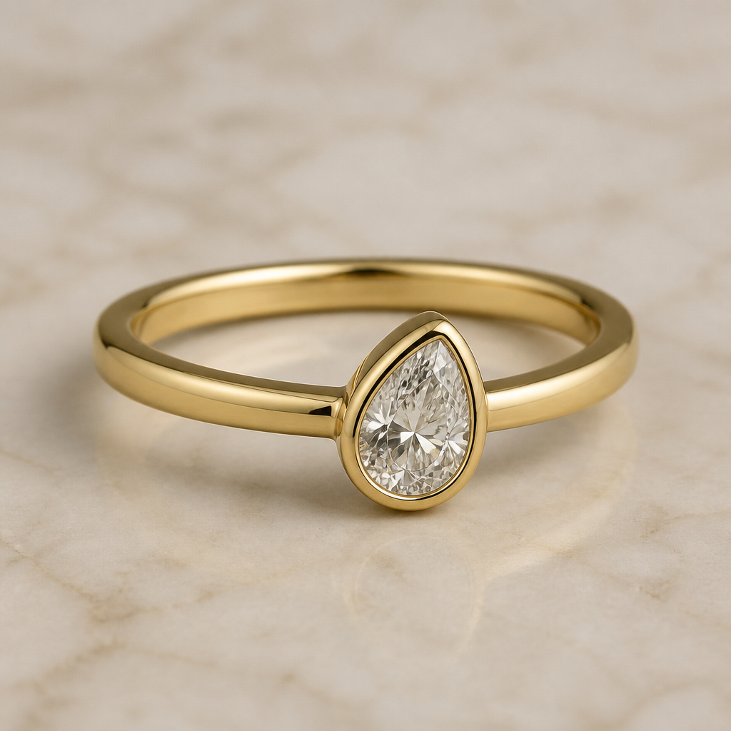Pear-shaped on a tilt in a bezel setting and 3mm band
photorealistic jewelry design, Pear-shaped on a tilt in a bezel setting and 3mm band , minimalist style, just the design no text