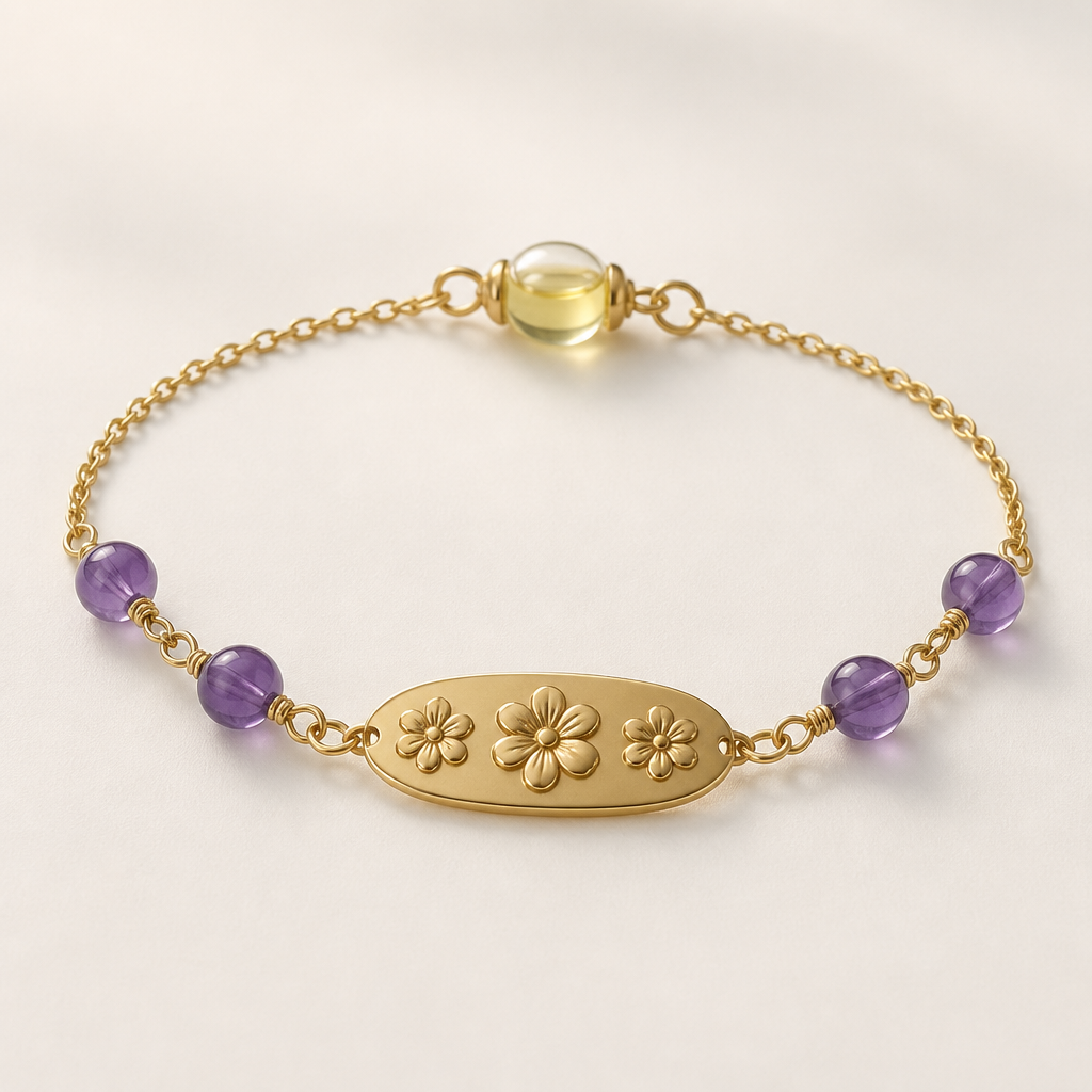 A minimalist women's ring made of gold with amethyst stones. un bracelet or avec une chaîne il y a une plaque qui dessus aura 3 fleur type sakura ou pâquerette en relief pour pouvoir i toucher et te détresser après il y a 4 perle d améthyste 2 de chaque côté et à l’opposer de la plaque en fermoir sa sera une sorte de perle fiole transparente contenant un mélange d’huile essentiel apaisante qu’on peut sentir. Refinement: les perle d’amaysiste doive être éclater sur les côte du bracelet et elle ne doive pas se toucher
photorealistic jewelry design, A minimalist women's ring made of gold with amethyst stones. un bracelet or avec une chaîne il y a une plaque qui dessus aura 3 fleur type sakura ou pâquerette en relief pour pouvoir i toucher et te détresser après il y a 4 perle d améthyste 2 de chaque côté et à l’opposer de la plaque en fermoir sa sera une sorte de perle fiole transparente contenant un mélange d’huile essentiel apaisante qu’on peut sentir. Refinement: les perle d’amaysiste doive être éclater sur les côte du bracelet et elle ne doive pas se toucher, just the design no text